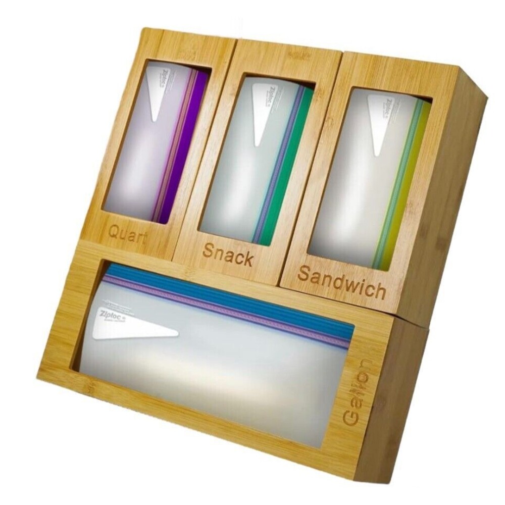 Bamboo Ziplock Bag Storage Organizer - 4 Separate Food Storage Bag Organizer